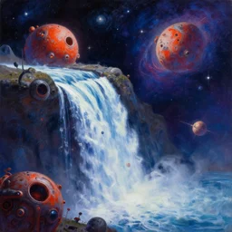 !! waterfall !! in asteroid field, space with stars and cosmos in background, artstation award winner, oil painting, digital painting, vibrant