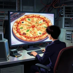 Nostalgic pizza looking at a large desktop with a pizza on it monitor serial experiments lain Lain dennou neon genesis evangelion coil gantz Character Anime Sits at Complex room Office full of wires computer servers databanks vents fans coolant systems looking at a large desktop monitor Ismail Inceoglu Arnold Bocklin Jakub Rebelka dug stanat