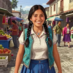 highly detailed portrait young woman bolivian vendor in gta v, street market in la paz bolivia, happy ambience, stephen bliss, unreal engine, fantasy art by greg rutkowski, loish, rhads, ferdinand knab, makoto shinkai and lois van baarle, ilya kuvshinov, rossdraws, tom bagshaw, global illumination, detailed and intricate environment