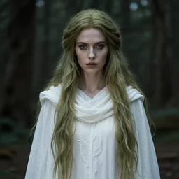 an ethereal high witch with long olive green gold hair, in a white flowing detailed cowl, detailed face in natural makeup, dark aesthetic, fantasy setting in a forest