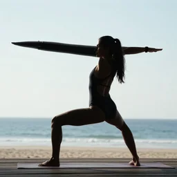 silhouette of a woman doing aerobics, seashore, swimsuit, muscle