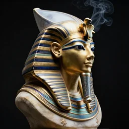 photo of an egyptian god, heavenly helmet, profile pose, bust shot, high detail, studio, black background, smoke, sharp, cyberpunk, 8 5 mm sigma art lens