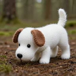 White knitted dog pooping in a forest