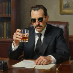 beautiful oil matte portrait painting mafia boss holding a glass of whiskey at his 5 0 s new york office desk wonderful masterpiece highly detailed