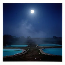 swarm of birds, moon, vintage swimming pools, fog, moon rays through the fog, night sky, yellow stars, deep blue mood, contemporary archival color photograph print from the original negative, by stanley kubrick
