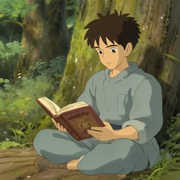 buddhism, reading book, in the style of studio ghibli, j. c. leyendecker, greg rutkowski, artem