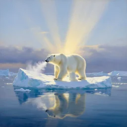 the most beautiful panoramic landscape, oil painting, where a giant iceberg is lost in the frozen artic ocean, a giant polar bear is exhaling steam while walking over the iceberg, the frozen artic ocean is reflecting the giant polar bear and the ray lights of the sunrise are brightening him, by greg rutkowski