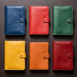flatlay leather magic book collection, vivid colors, dramatic lighting