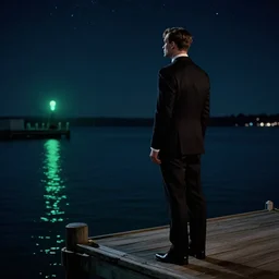 of gatsby standing on his dock staring at the green light across the water, stars in the dark night, highly detailed - n 6