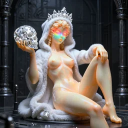photo of fullbodied baroque and bladerunner delicate neon diamond sculpture of seductive ceramic albino marble prince andres sanjuan dotado creamy orange iridescent humanoid deity wearing white fluffy hoody holding diamond skull in a black metallic dungeon, reclining, glowing rainbow face, crown of white diamonds, cinematic lighting, photorealistic, octane render 8 k depth of field 3 d