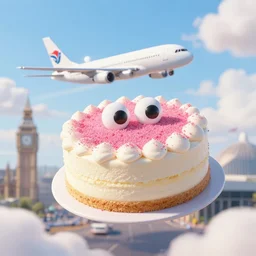a flying cake with eyes, taking off london's airport, illustration, highly detailed, pink seasoning, white cake, clouds
