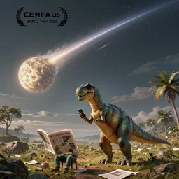 newspaper cartoon dinosaurs looking into their phones as a huge comet is streaking across the sky