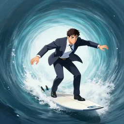 anime guy in formal suit surfing through a wormhole using a high technology surfboard, wlop, trending on artstation, deviantart, anime key visual, official media, professional art, 8 k uhd