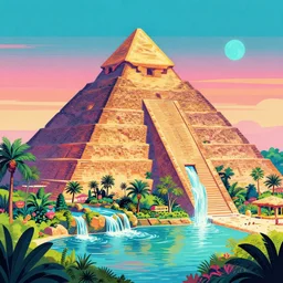 ancient pyramids with gardens and waterfalls,digital art,retrowave art,trending on art station