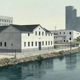 a chinese prison by a river, in the style of junji ito, parts by edward hopper, parts by rodcenko, parts by yue minjun, parts by peter doig, intricate and epic composition, 4 k, very detailed, insanely quality, line brush, highly detailed, masterpiece, crisp lines, overlaid with chinese adverts