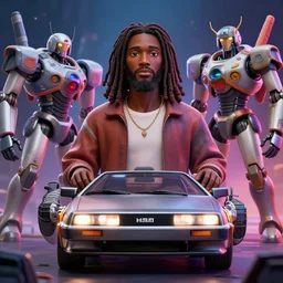 stylish 3 d vfx - portrait - movie poster - art of an african jesus in a delorean - surrounded by mecha robots, art style by james jean & hsiao - ron cheng, unreal engine render, digital illustration, sharp, intricate detail, volumetric lighting, ray tracing, soft lighting, neon, claymation style, drew struzan style, symmetry, ernie barnes style,