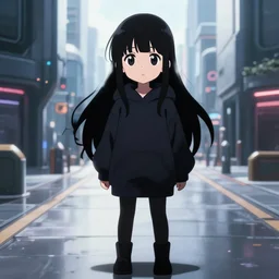 anime visual, illustration of a young black haired girl wearing hoodie on the detailed modern futuristic city street background, cute face by yoh yoshinari, katsura masakazu, studio lighting, full body shot, strong silhouette, zoom out, ilya kuvshinov, cel shaded, crisp and sharp, rounded eyes, bright daylight, moody, dynamic lighting