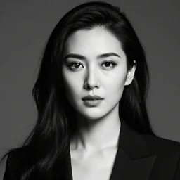 A professional portrait photograph of a woman. ultra contrast. black and white. centered in frame.