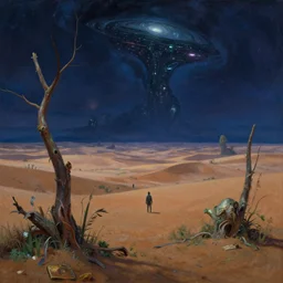 reclaimed by nature by frederick mccubbin, alien at night anime desert meadow myst nightsky biopunk galactic extraterrestial at dusk steampunk water apocalyptic magic realism uv light bladerunner 2 0 4 9 postcyberpunk tundra, archdaily, wallpaper, highly detailed, trending on artstation.