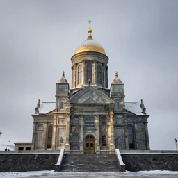 a monolithic cathedral in the artic. overcast sky, grainy, snowing.
