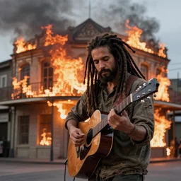 man with dreadlocks playing guitar in front of burning building in New Orleans