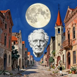 old white - headed man under the huge moon on a street of ruined city by beksinski and takato yamamoto, very coherent, baroque elements. vivid colors