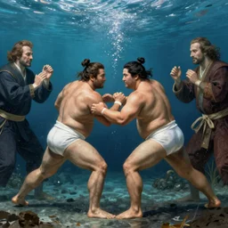 epic beautifull renaissance portrait of a 2 sumo wrestlers fighting underwater, art by * christy lee rogers * ( with help of mario testino and peter lindbergh, marta syrko and neil leifer )