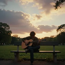 1 9 9 0 s candid 3 5 mm photo of a man sitting on a bench in a park playing guitar, cinematic lighting, cinematic look, golden hour, the clouds are epic and colorful with cinematic rays of light, photographed by petra collins, hyper realistic