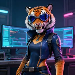 cyberpunk anthro tiger computer hacker spandex skater goggles cat person grinning netrunner tiger itsaunixsystem