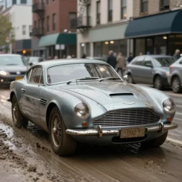 street photography by saul leiter, in a muddy new york high quality street, award winning photo of an ultra detailed dirty high quality vintage aston martin speeding very fast on mud, fast shutter speed, motion blur, tiny gaussian blur, highly detailed, highly intricate, depth of field, trending on top gear