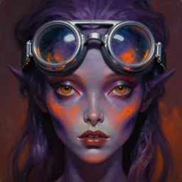 baroque neoclassicist close - up portrait of a dark retrofuturistic supernatural alien fairy with big eyes wearing reflective goggles. dark purple and orange iridescent and reflective textures. highly detailed science fiction painting by norman rockwell, frank frazetta, and syd mead. rich colors, high contrast, gloomy atmosphere. trending on artstation and behance.