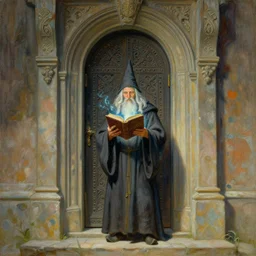 a beautiful painting of an old wizard holding a magical book and standing in front of an ancient elaborate door. There\'s an elaborate keystone above the door and steps leading down, by james gurney and greg rutkowski and alma tadema