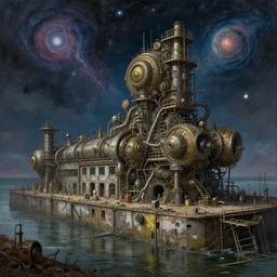 a beautiful ultradetailed painting of abandoned industrial architecture dock by ludwig mies van der rohe, cosmic extraterrestial steampunk, archdaily, wallpaper, highly detailed, trending on artstation.