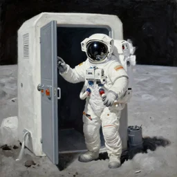 astronaut looking for an emergency bathroom on the moon, oil painting
