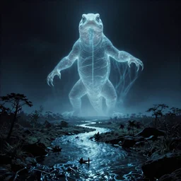 a giant translucent lizard ghost, dark eerie movie frame, greek fantasy panorama, a magnificent ghost giant above the magic shining river styx, at night, otherworldly, ghost giant above the horizon, stanley kubrick, 1 7 mm, wide shot, surreal, deep