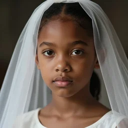 a photorealistic hyperrealistic, bright brown eyes, light skinned african american young girl, short ponytail hair, flawless face, beautiful lips, cute face, gorgeous white veil, petite, by wlop, artgerm, greg rutwoski, alphonse mucha, beautiful dynamic dramatic low - light moody lighting, cinematic atmosphere, artstation, concept design art, octane render, 8 k