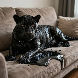 the smooth black jaguar, made of ferrofluid, laying on the couch in the living room after bathing in the ferrofluid. photography, dslr, rimlight, wrinkles, reflections, black goo