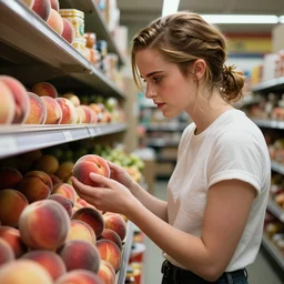 emma watson at store checking if the peaches are ripe