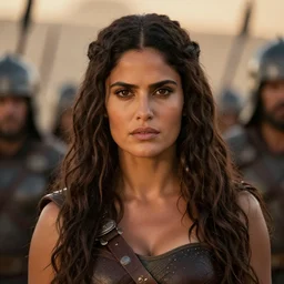 epic photo of salma hayek as beautiful barbarian warrior princess in a battle scene, detailed eyes, neutral expression, depth of field, photorealistic, cinematic lighting, lovely bokeh, warm colours, dusk, movie quality
