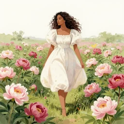 a sketch, a woman with long curly hair dressed in a puffy dress walks through a field of peonies. by gabo mendoza, trending on artstation