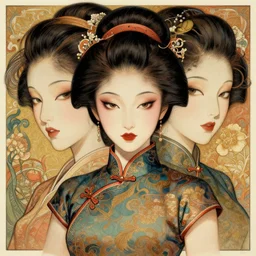 a japanese showgirl with chinese cheongsam, detailed faces, digital concept art by artgerm, greg rutkowski and alphonse mucha, 8 k, hyper detailed,
