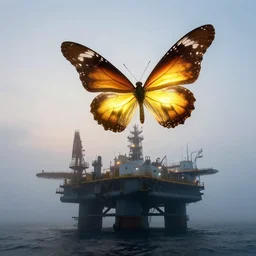 in the misty morning, a giant, glowing butterfly flies toward the oil platform, by craig mullins