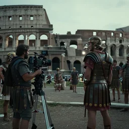 vfx film, on set, on location, big production, roman extras, roman army, colosseum, outdoor, behind the scenes, film production, making of, flat color profile low - key lighting award winning photography arri alexa cinematography, hyper real photorealistic cinematic beautiful, atmospheric cool colorgrade
