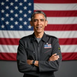 a professional photograph of barak obama as master chief, posing in front of a massive american flag, movie poster, cinematic, 4 k, wallpaper, lifelike, highly detailed