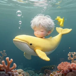 harmony tiny floating yellow whales, white haired yoongi eyes closed, under water, bubbles, coral, muted colors, wlop, james jean, victo ngai, highly detailed, fantasy art by craig mullins, thomas kinkade