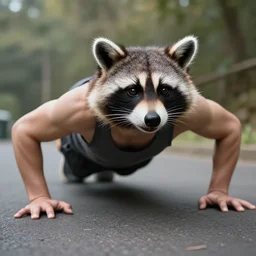 a man in a racoon head doing pushups