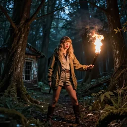 talor swift ghost hunting at a derelict scary forest, night time, ambient lights, torch light flare, cute,