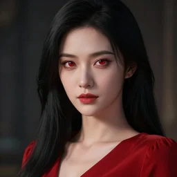 portrait of a woman with long black hair and red eyes, wearing a red dress, 4k, detailed face, beautiful, octane render, cgi, cgsociety, dark lighting, artstation, high quality, depth of field, ambient occlusion,