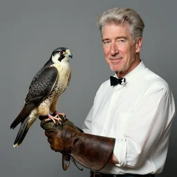 david lynch with falconers glove, holding falcon painting by gaston bussiere, craig mullins