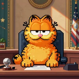 Pixel Art of garfield as president in the oval office